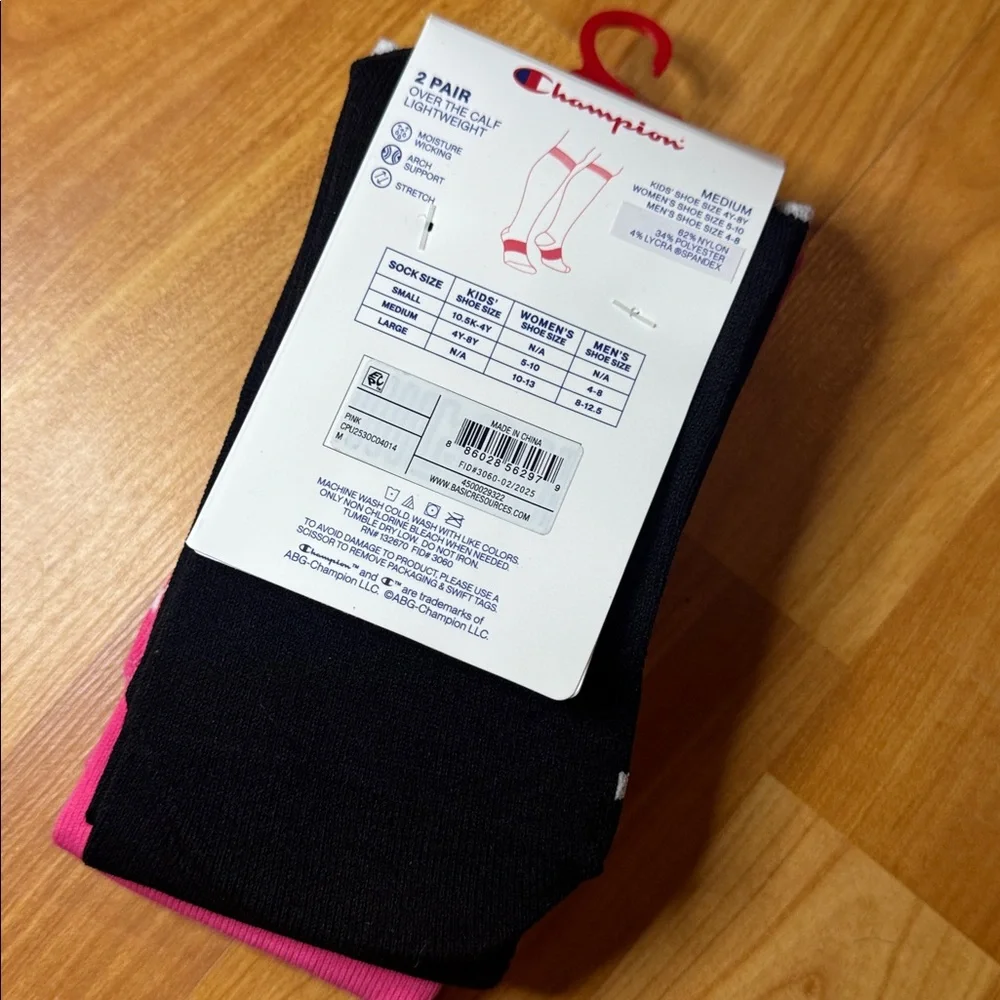 2 pk champion women’s/ youth - pink/black long over calf‎ socks multi size
